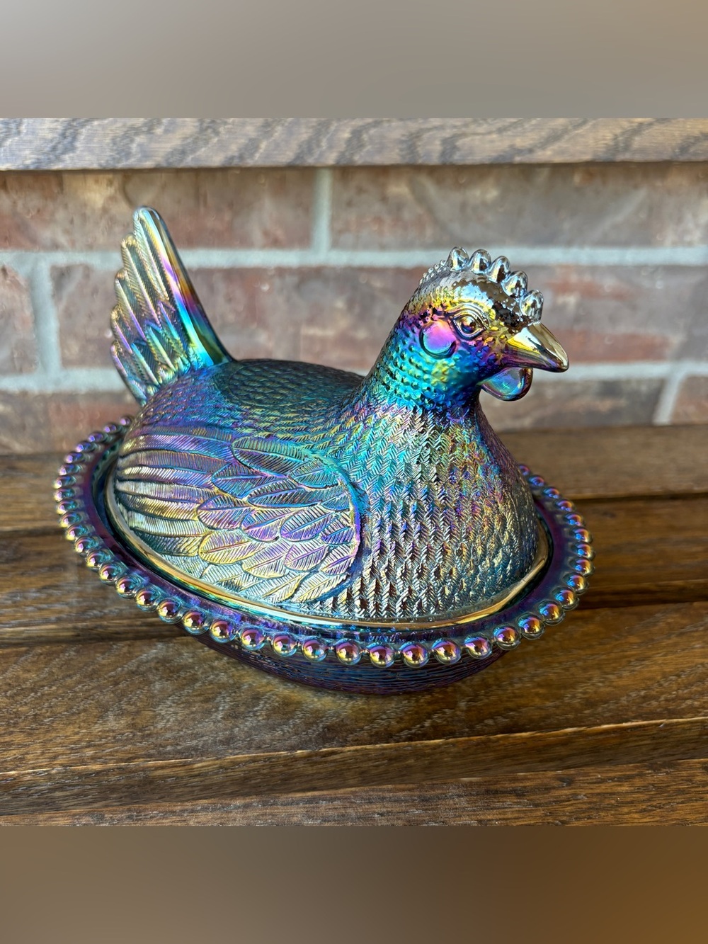 Vintage Indiana Glass Iridescent Carnival Blue Hen on Nest Dish 7"